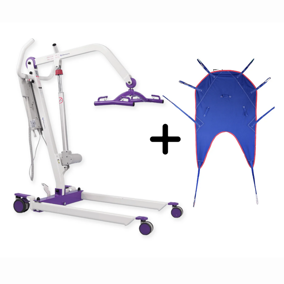The Dansons PL350 Compact Electric Patient Lift, featuring purple accents, a wheeled base for easy maneuverability, and an adjustable arm, includes a free blue sling with orange trim to ensure safe patient transfers.